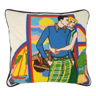 Retro Couple Sporty Scene Needlepoint Pillow, c.1970 For Sale