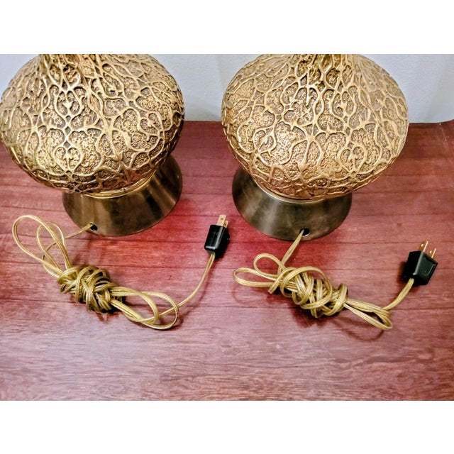 Brass Vintage Mid-Century Modern Brass Filigree Scroll Lamps Moroccan Boho Souk Style - a Pair For Sale - Image 8 of 9