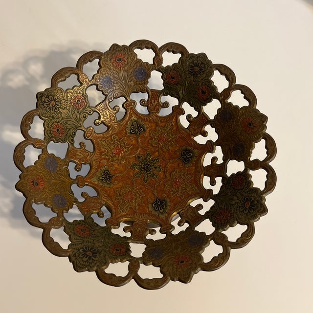 Bowl: Painted Footed Bowl With Cut Outs and Scalloped Edge From India. Slightly discolored darker/tarnished on the top of...