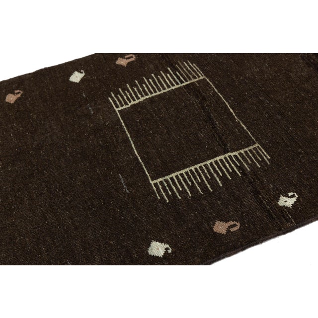 Textile 3 X 6 Minimalist Dark Brown Modern Gabbeh Wool Rug – Hand-Knotted Tribal Runner For Sale - Image 7 of 8