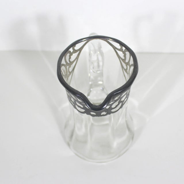 Metal Vintage Art Nouveau Glass Pitcher With Silver Overlay Bar Cocktail Pitcher Silver Rim For Sale - Image 7 of 10