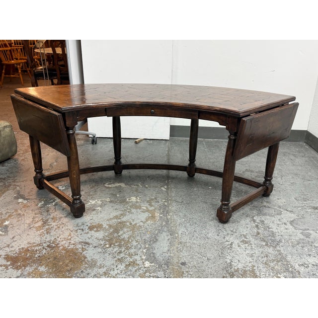 Design Plus Gallery presents a Traditional Parquetry Kidney-Shaped Writing Desk. The distinctive curved profile is formed...