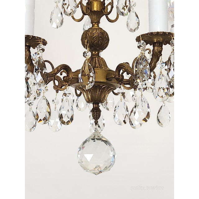 Antique 5 Arm 5 Light Dark Patina Ornate Brass Cut Lead Glass Crystal Chandelier For Sale In South Bend - Image 6 of 12