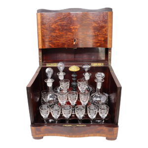 Antique Mahogany and Burl Liquor Cellarette Box / Tantalus With Decanters and Glasses