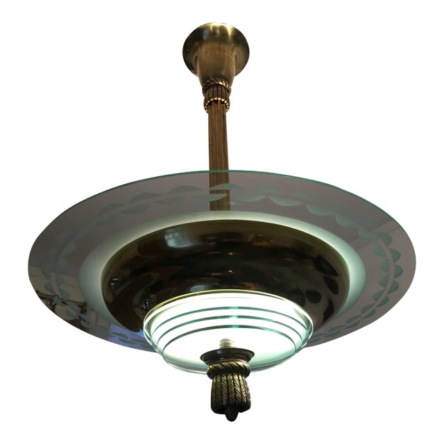 Art Deco Ceiling Lamp in Brass and Patterned Glass For Sale