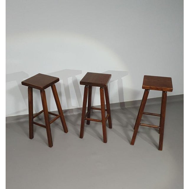 3 x Dutch oak classic stools 1960s Height 80 cm