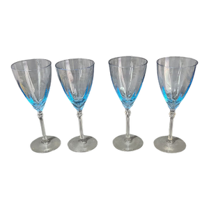 Vintage Fostoria Fairfax Azure Blue Clear Stem Wine Glasses- Set of 4