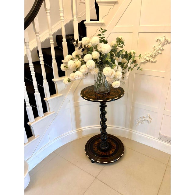 Mid 19th Century Antique Italian Ebonised and Marquetry Inlaid Pedestal Occasional Centre Table or Plant Stand, 1860 For Sale - Image 5 of 12