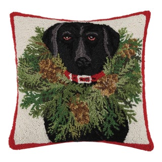 Black Lab with Wreath Hook Pillow 18" x 18" For Sale