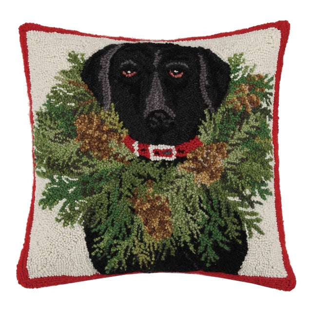 Black Lab with Wreath Hook Pillow 18" x 18" For Sale