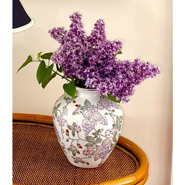 Beautiful vintage porcelain flower vase with a bright hand-painted design of lavender grapes, red strawberries and lovely...