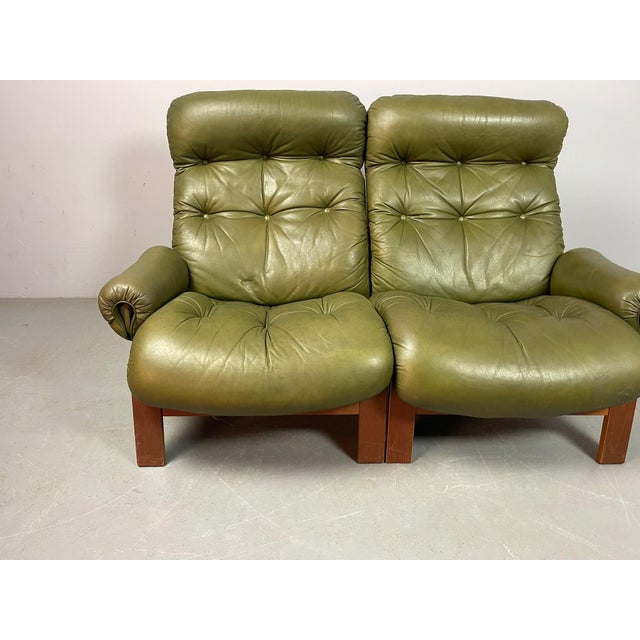 Vintage Scandinavian Two-Seater Ry-Wing Lounge Sofa in Olivegreen Leather by Elsa and Nordahl Solheim for Rybo Rykken & Co, 1960s For Sale - Image 12 of 18
