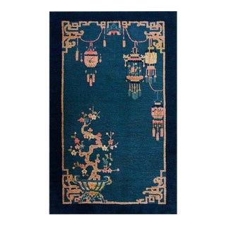 Small Antique Early 20th Century Blue Vase Floral Chinese Art Deco Carpet Rug For Sale