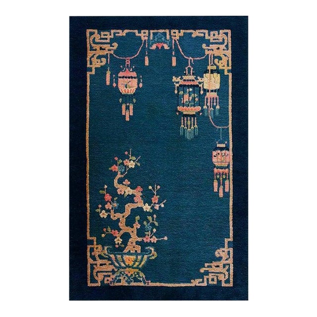 Small Antique Early 20th Century Blue Vase Floral Chinese Art Deco Carpet Rug For Sale