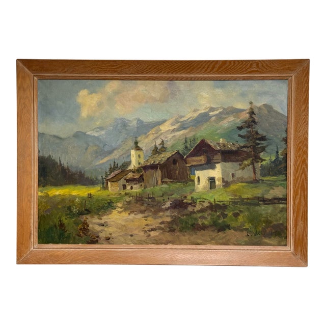 J. K. Mountain Village Oil Painting, Framed For Sale