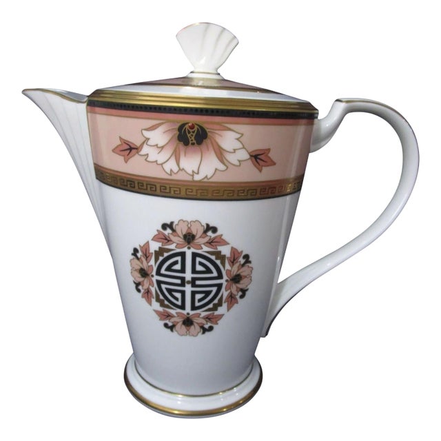 Late 20th Century Noritake Commemoration Coffee Pot With Lid Art Deco Floral China Peach Gold For Sale