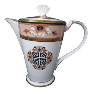 Late 20th Century Noritake Commemoration Coffee Pot With Lid Art Deco Floral China Peach Gold