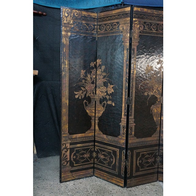 Vintage Chinoiserie Black Lacquer 8 Panel Folding Screen Room Divider 144" For Sale - Image 4 of 18