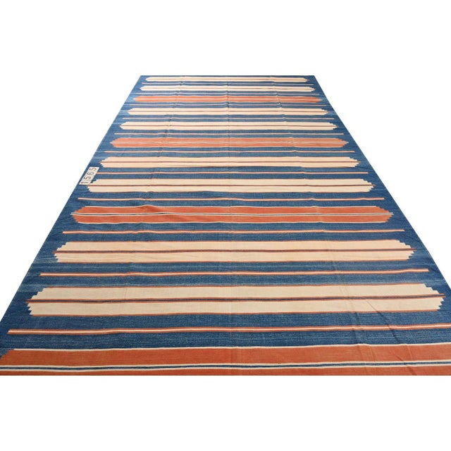 Traditional 1950s Vintage Dhurrie Flat Weave in Blue and Orange Stripes Patterns by Rug & Kilim For Sale - Image 3 of 7