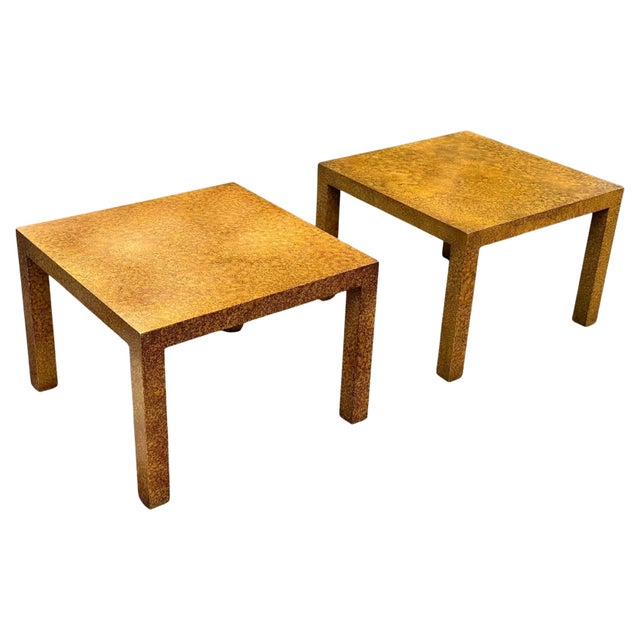 Pair of mid-century burl lacquered laminate end tables Circa 1970s. Gorgeous mid century design. Very good vintage...