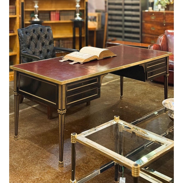 French French Ebonized Louis XVI Bureau Plat or Writing Desk With Embossed Leather Top For Sale - Image 3 of 16