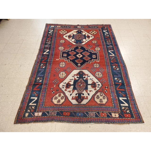 Antique Kazak Carpet, Handmade Wool, Rust, Ivory, Navy, Light Blue and Geometric For Sale - Image 10 of 11
