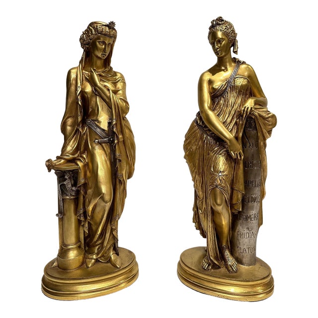 Mid 19th Century Pair of 19th Century Gilt and Silvered Bronze Sculptures of Women For Sale