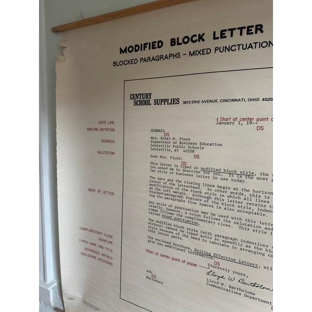 Original mid-century classroom instructional chart illustrating manuscript formatting and typewriter techniques. Produced...