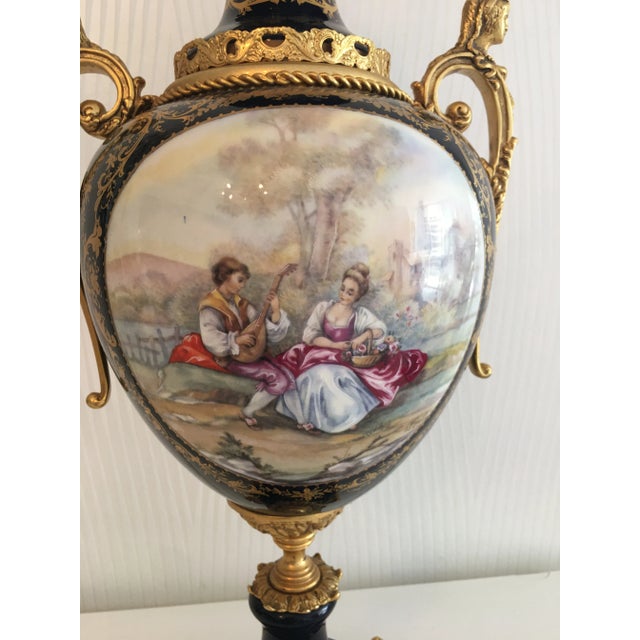 24" tall ACFVictorian Romantic French Porcelain Gilt Metal Décor De Serves Imperial Cobalt Blue Vase. This is one from set...