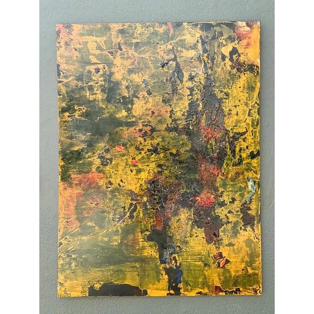 Captured on canvas, this mid-20th-century Abstract Expressionist painting presents a dynamic interplay of energetic...