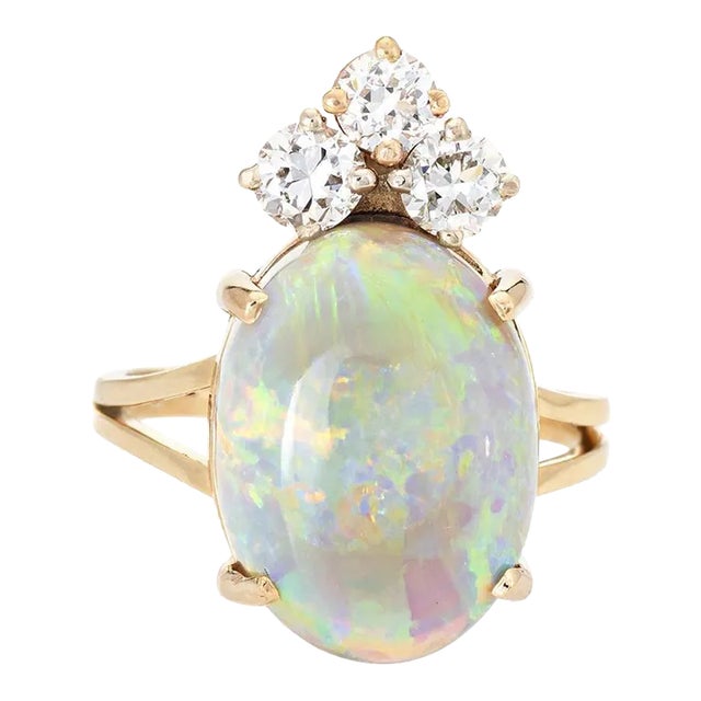 Natural Opal Diamond Ring Vintage 14k Yellow Gold Oval Crown Jewellery size 5.75 For Sale