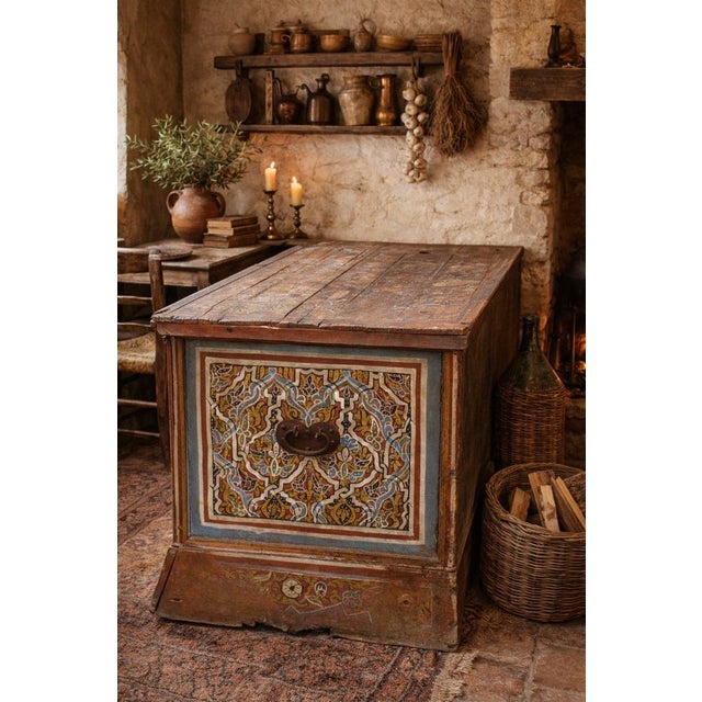 Antique Spanish Painted Chest with Mudéjar and Moorish Influence, 1800, in Worn conditions. Designed before 1890