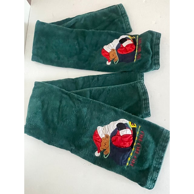 Pair of Christmas Holidays bottle green terry towels with Santa’s Appliqués.