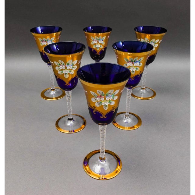 Tre Fuochi Venetian Glass Cobalt Blue 24k Gold Wine Glasses Set of 6 For Sale - Image 4 of 11