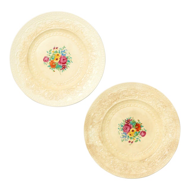 Royal Cauldon England Est. 1774 Cream Embossed Floral Dinner Plates — Set of 2 For Sale