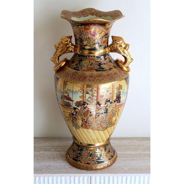 Japanese Vintage Royal Satsuma-Style 24" Porcelain Floor Vase – Gold Gilt & Dragon Handles For Sale - Image 3 of 18