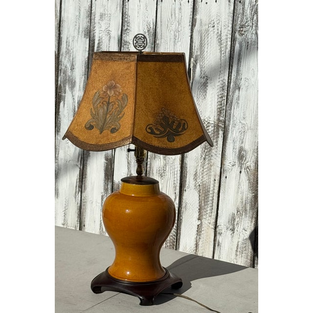 1940s Eggyolk Chinese &Terracotta Color Lamp With Custom Floral With Hand Painted Parchment Shade For Sale - Image 9 of 18