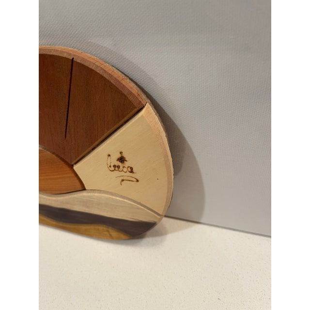 Tan Late 20th Century Artisan Wooden Intarsia, Sunset Over Beach Waves, Signed. For Sale - Image 8 of 11