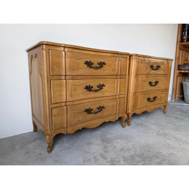 Wood Tall Vintage French Provincial Carved Cherry Wood Three-Drawer Chest – A Pair For Sale - Image 7 of 12
