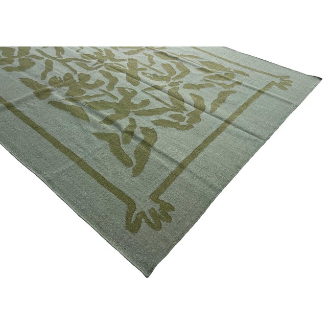 Casa Cosima Handmade Woolen Flat Weave Geometric Floral Patterned Mint Green Area Rug - 6.5'x9' For Sale - Image 4 of 13