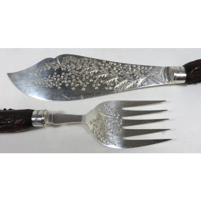 Antique 1893 Hand Engraved Antique Sheffield Plate & Sterling Silver Antler Handle Fish Serving Set For Sale In Boston - Image 6 of 13