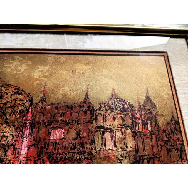 Gold Buddhist Temple Citiscape Gold Silk Screen Print For Sale - Image 8 of 11