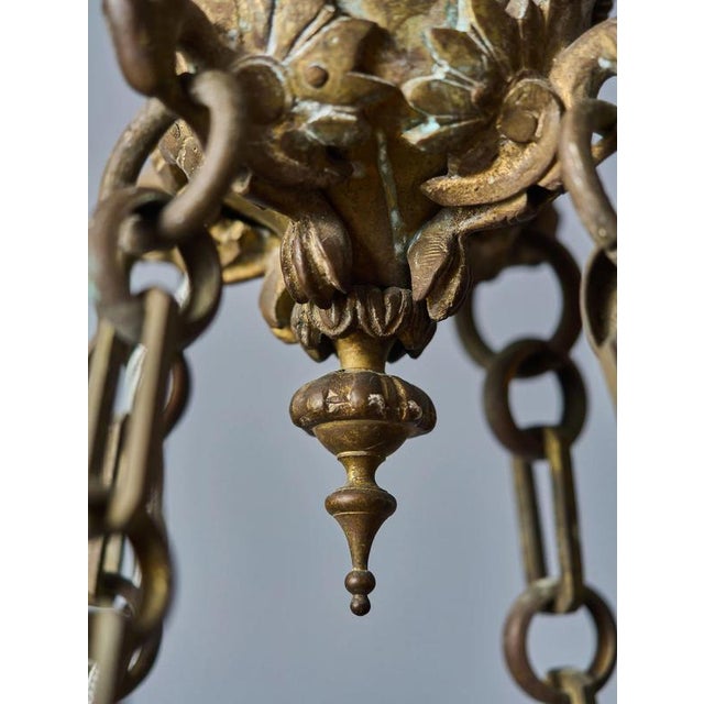 Goldenrod Representative Bronze Chandelier with Alabaster Bowl and Flamed Shades For Sale - Image 8 of 11