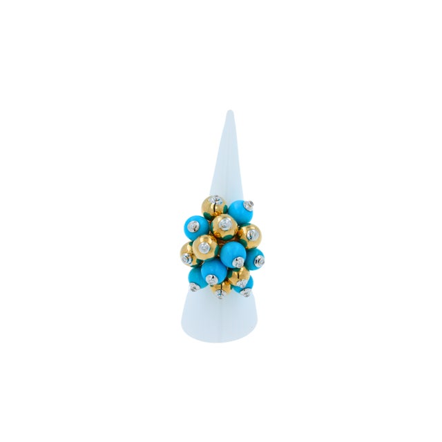 Metal Blue Turquoise Diamonds Golden Spheres Balls Christmas Bells Motif 18k Gold Ring, Size 7 For Sale - Image 7 of 18