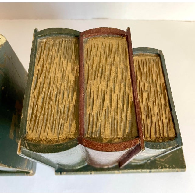 A Pair of Faux Figurative Stack of Books Wood Bookends For Sale - Image 10 of 12