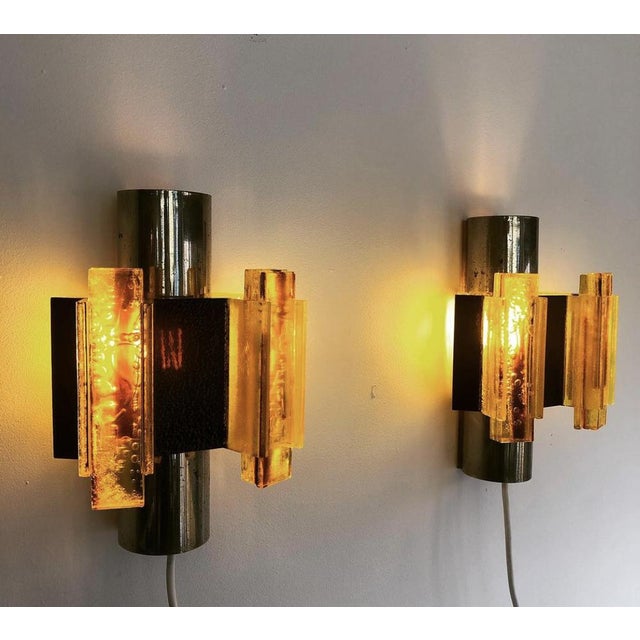Mid-Century Modern Space Age Yellow Acrylic and Chrome Wall Lights by Claus Bolby, 1970s, Set of 2 For Sale - Image 3 of 11