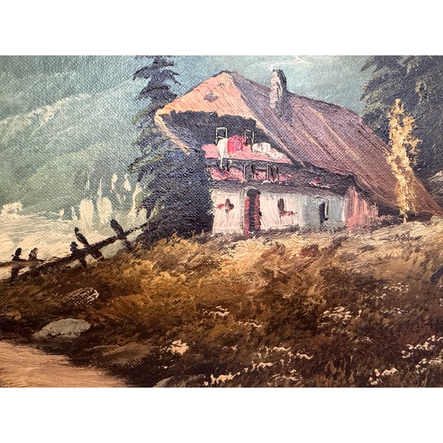 Large VTG Alpine Mountain Landscape Oil Painting European Cabin Framed Signed For Sale - Image 10 of 15