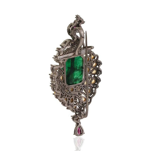 Contemporary Handcrafted Peacock Motif Brooch Pendant With Multi Gems and Diamonds For Sale - Image 3 of 14