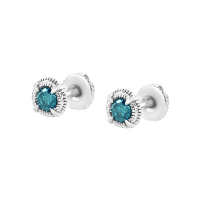 .925 Sterling Silver 1 1/2 cttw Treated Blue Diamond Modern 4-Prong Solitaire Milgrain Stud Earrings, A Pair For Sale - Image 4 of 6