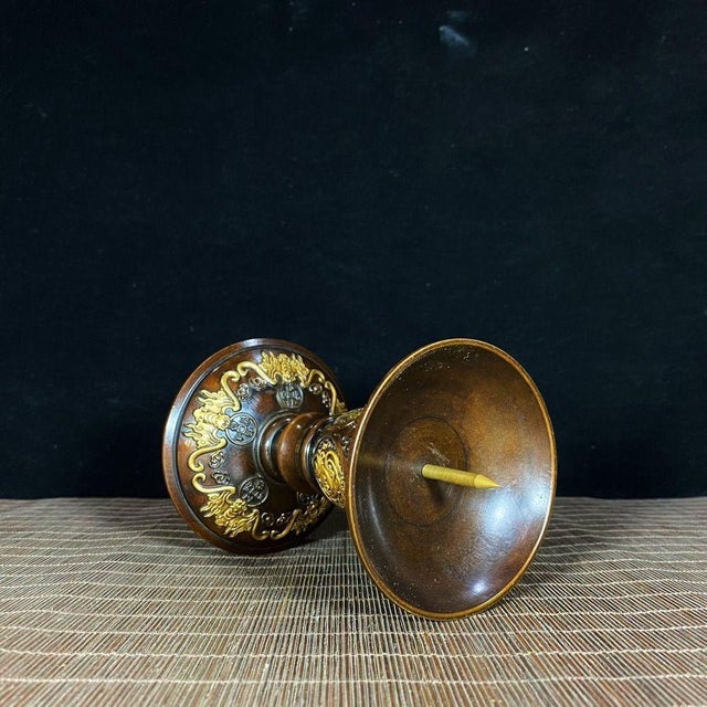 Pair of Vintage Gilded Bronze Candlesticks, Four Divine Beasts Openwork Relief For Sale - Image 4 of 9